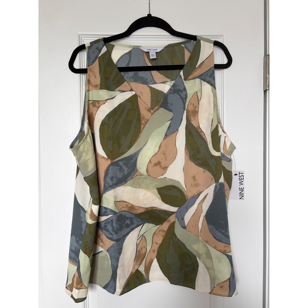 Nine West Womens XXL Abstract Leaf Print V-Neck Woven Shell Top Green Tan NEW